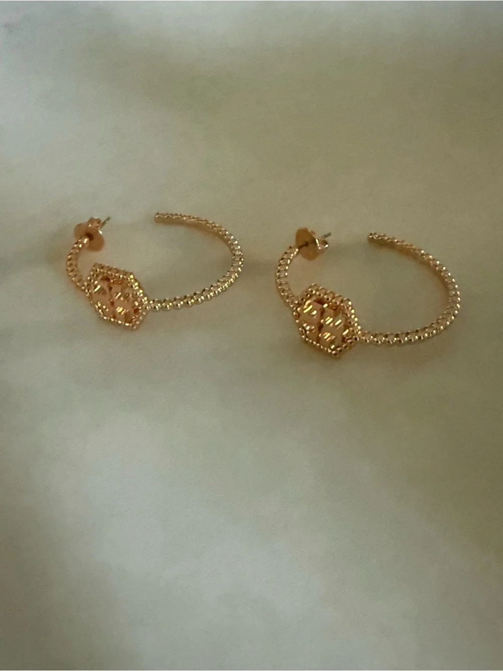 Tory Burch Rose Gold Milgrain Hex Logo Hoop Earrings